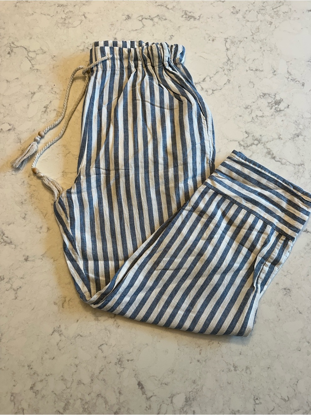 Faherty Blue and White Striped Cropped Drawstring Pants